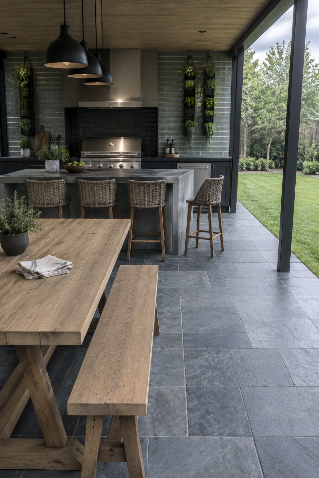 A covered patio with a concrete outdoor kitchen island, four woven bar stools, black pendant lights, and a wooden dining table on gray stone tiles next to a lawn.