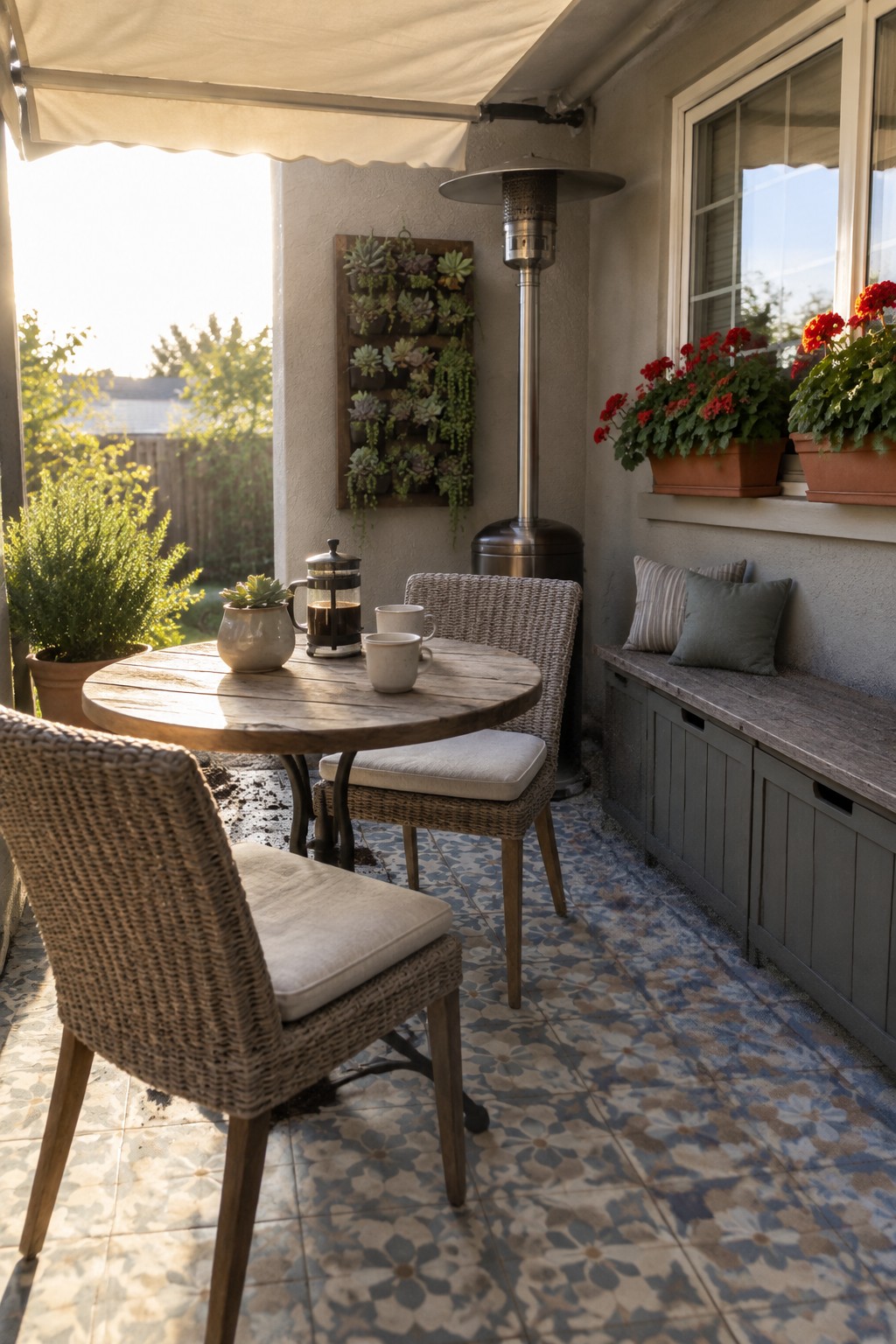 A covered patio with a round wooden table, woven chairs with cushions, a tall patio heater, potted red flowers, and a built-in bench along the wall.