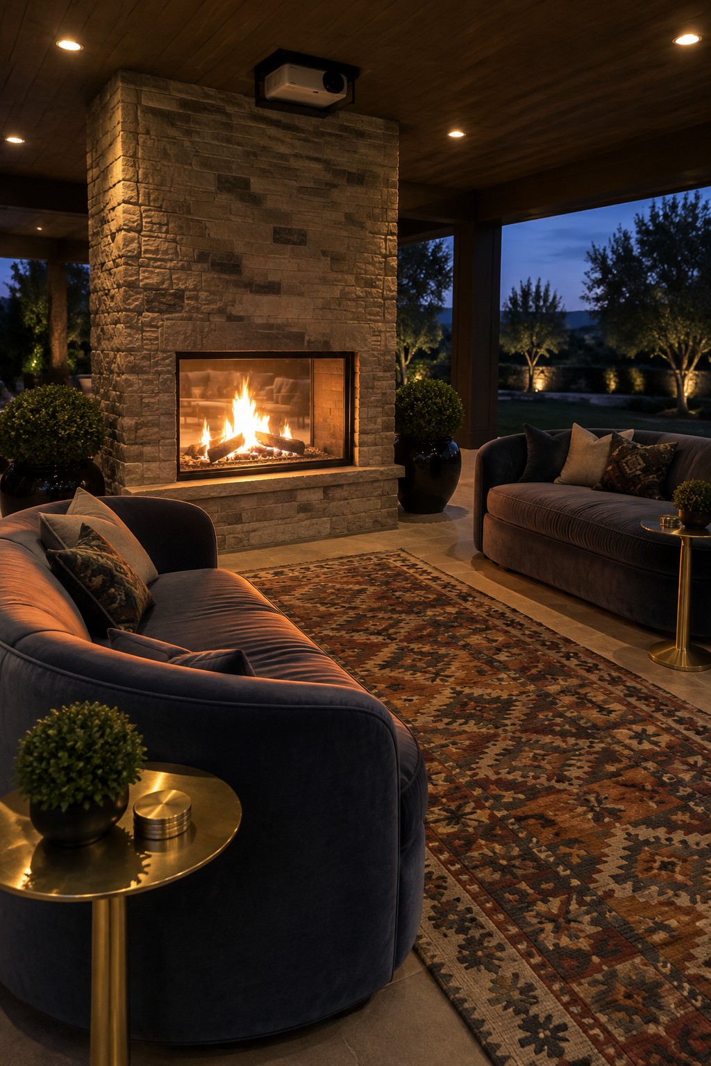 A covered patio at dusk with a large stone fireplace, dark blue curved sofas arranged around a patterned rug, and a projector mounted above the firebox.