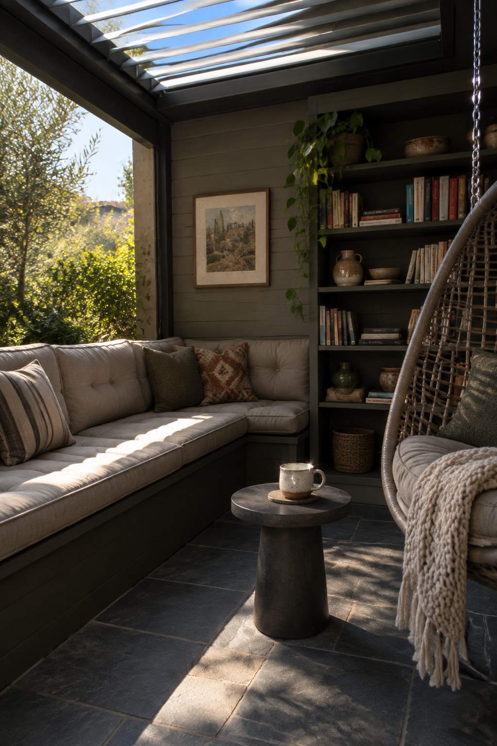 A covered patio with an L-shaped built-in bench, dark shelving unit filled with books and pottery, a hanging wicker chair, and a small round table on dark stone tiles.