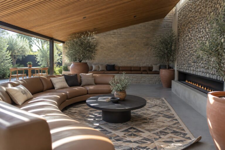 23 Modern Covered Patio Decorating Ideas for a Comfortable Outdoor Living Area A covered patio with a large curved tan leather sectional on a patterned rug, a round black coffee table, and a modern fireplace built into a stone wall, surrounded by terracotta pots.