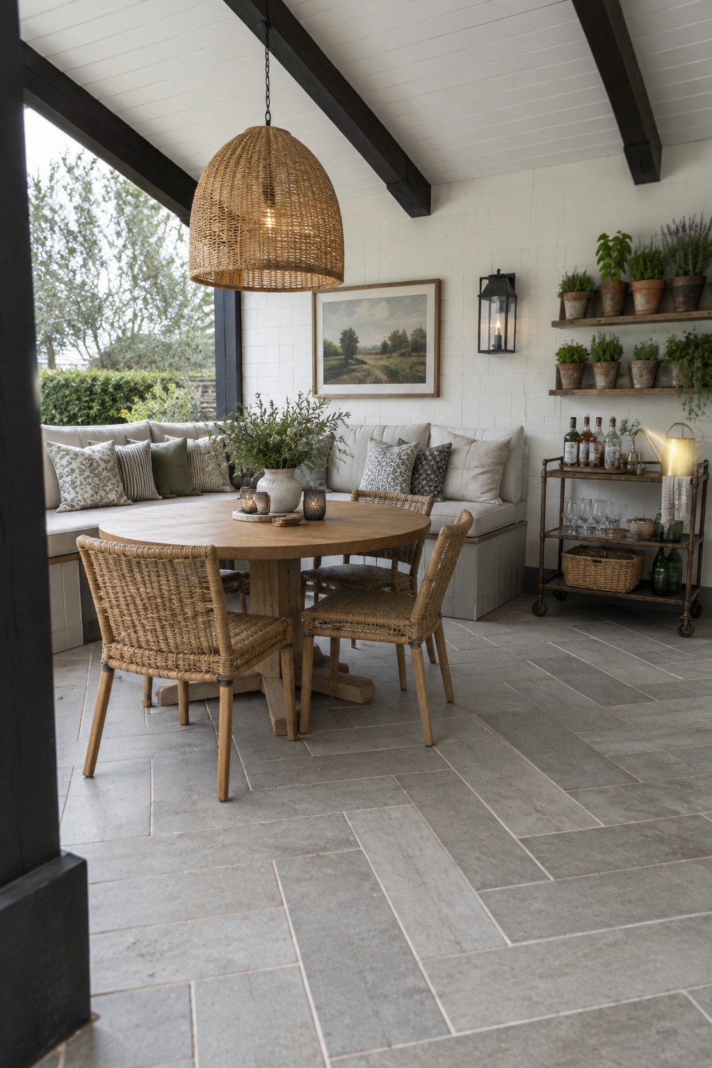Cozy covered patio with round wooden table, woven chairs, bar cart, and plants.
