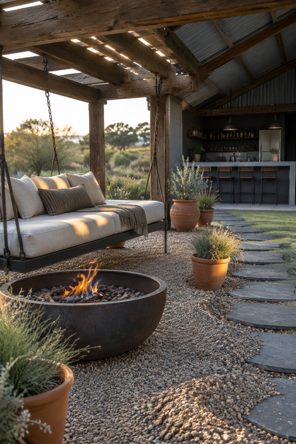 A covered wooden patio with a hanging daybed swing, round fire pit on gravel, terracotta pots, and stone path leading toward an outdoor bar.