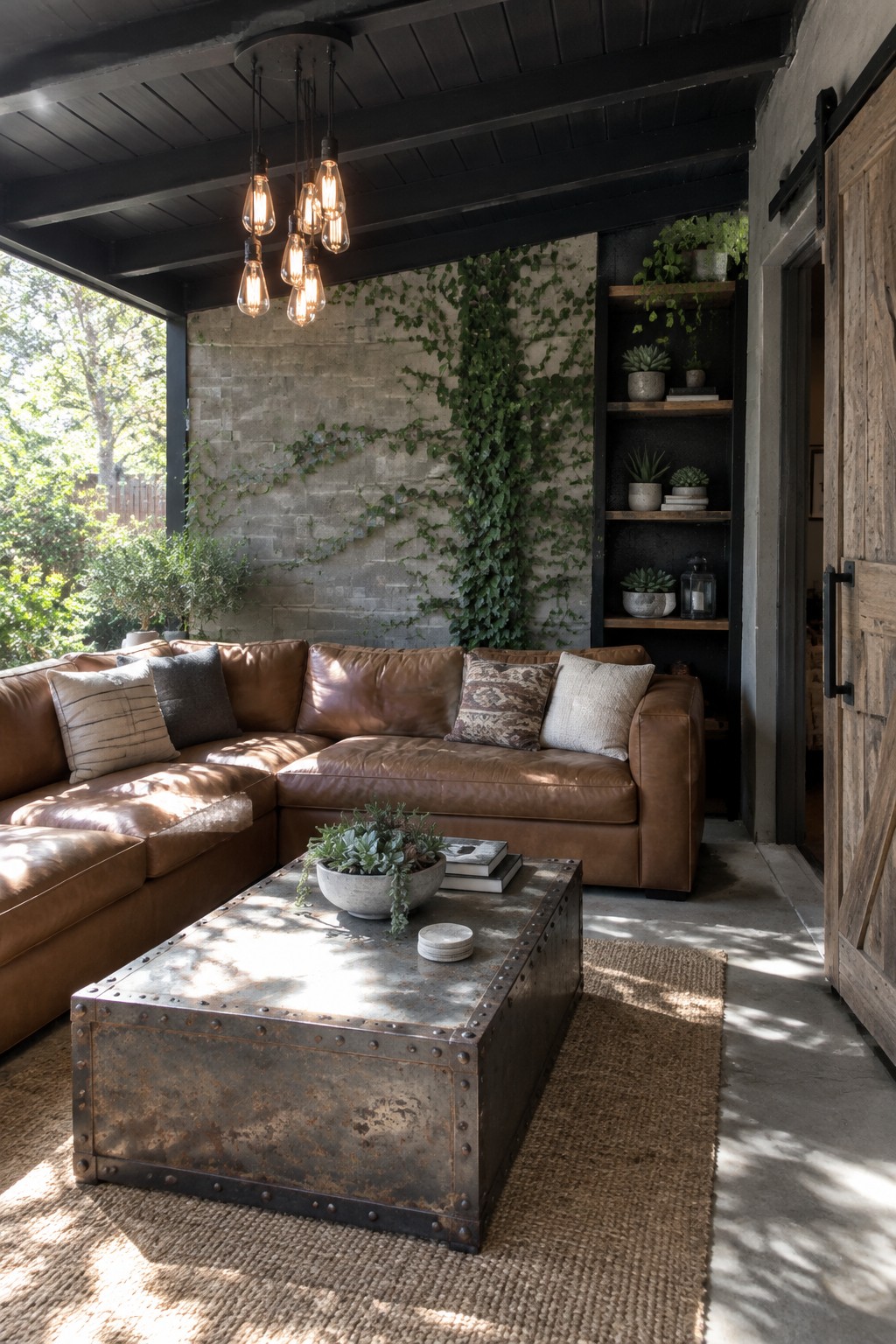 A covered patio with a brown leather sectional sofa, metal trunk coffee table on a jute rug, hanging pendant lights, and built-in shelves against an ivy-covered stone wall.