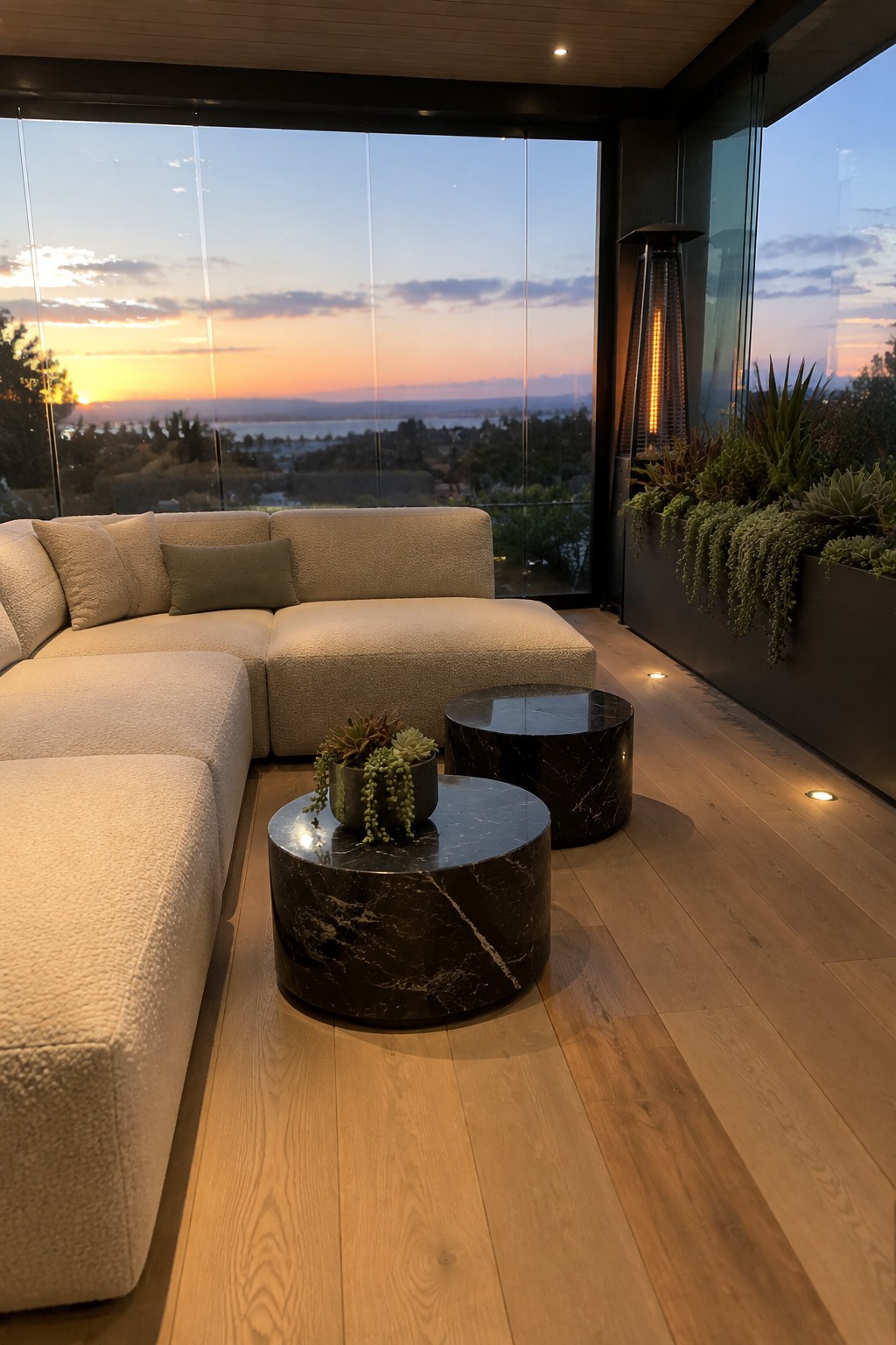 Modern beige sectional sofa with marble tables overlooking sunset bay view through glass walls