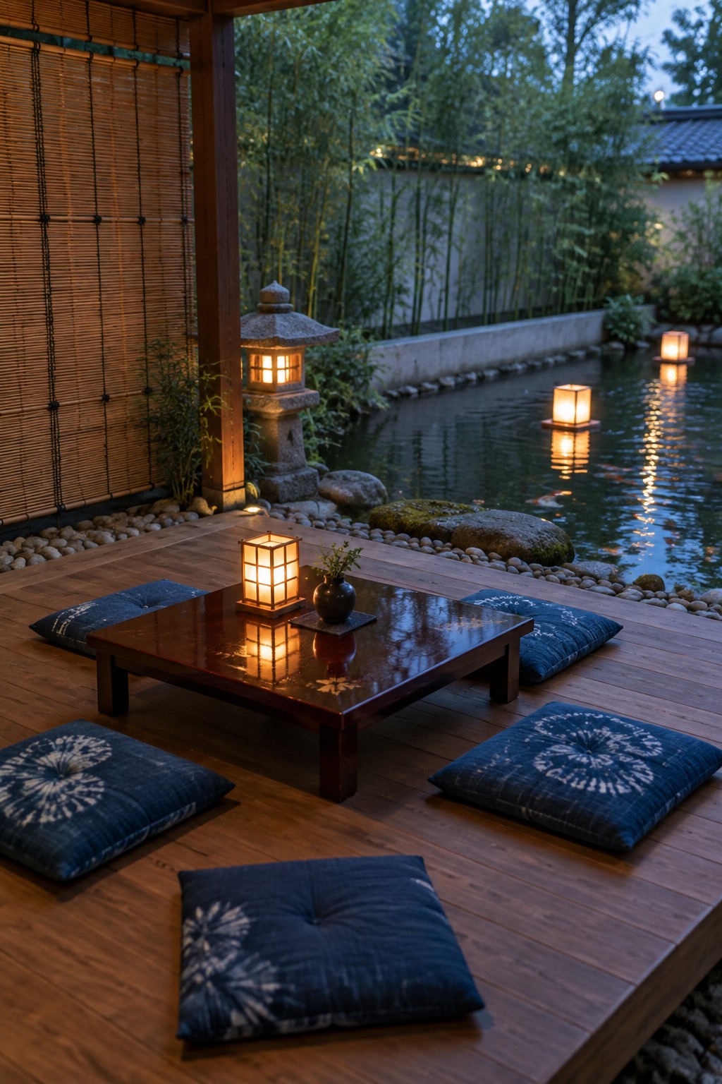 Low wooden table with lantern on deck by lantern-lit koi pond and bamboo.