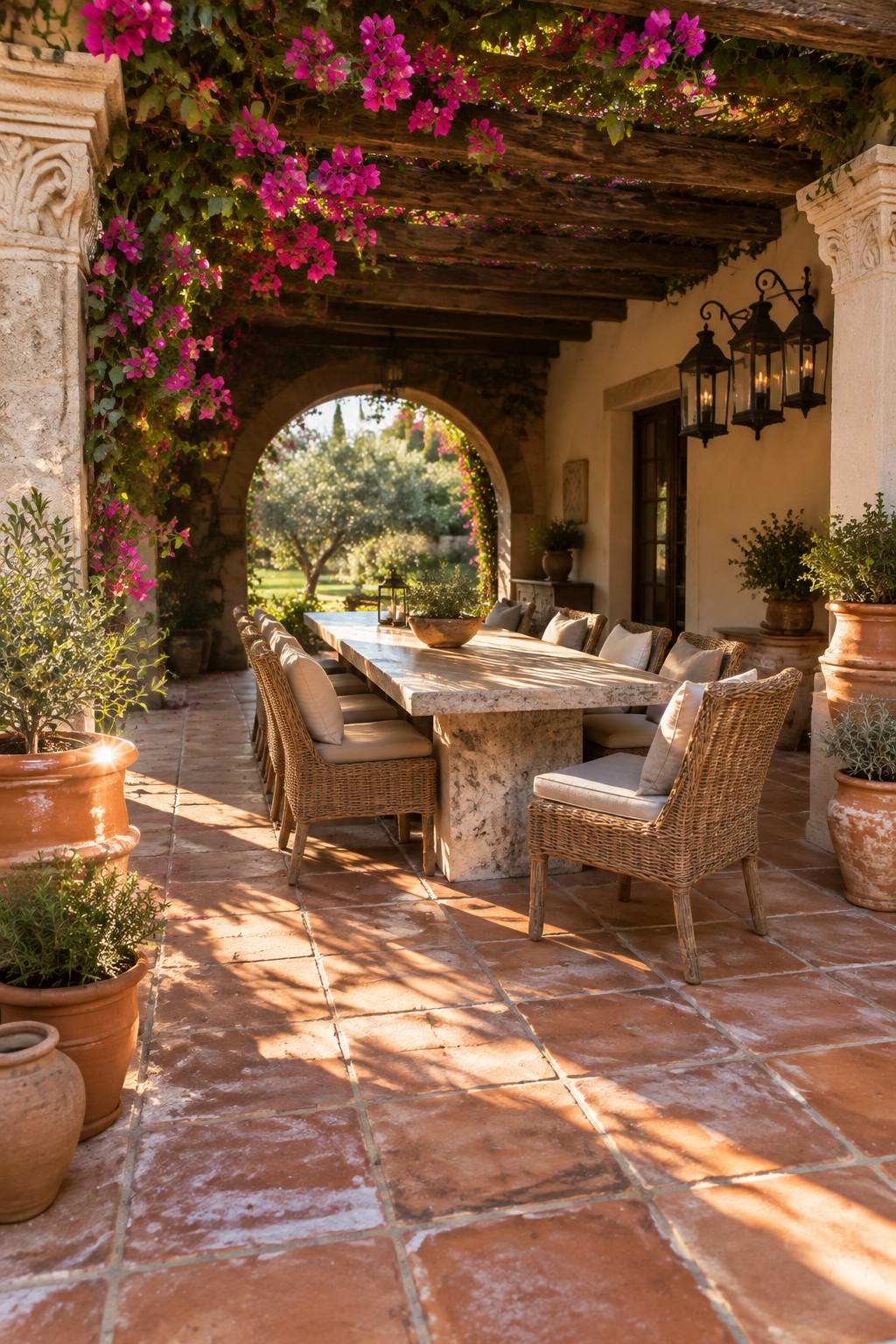 A long stone dining table with woven chairs sits under a wooden pergola draped in pink flowers on a terracotta patio.