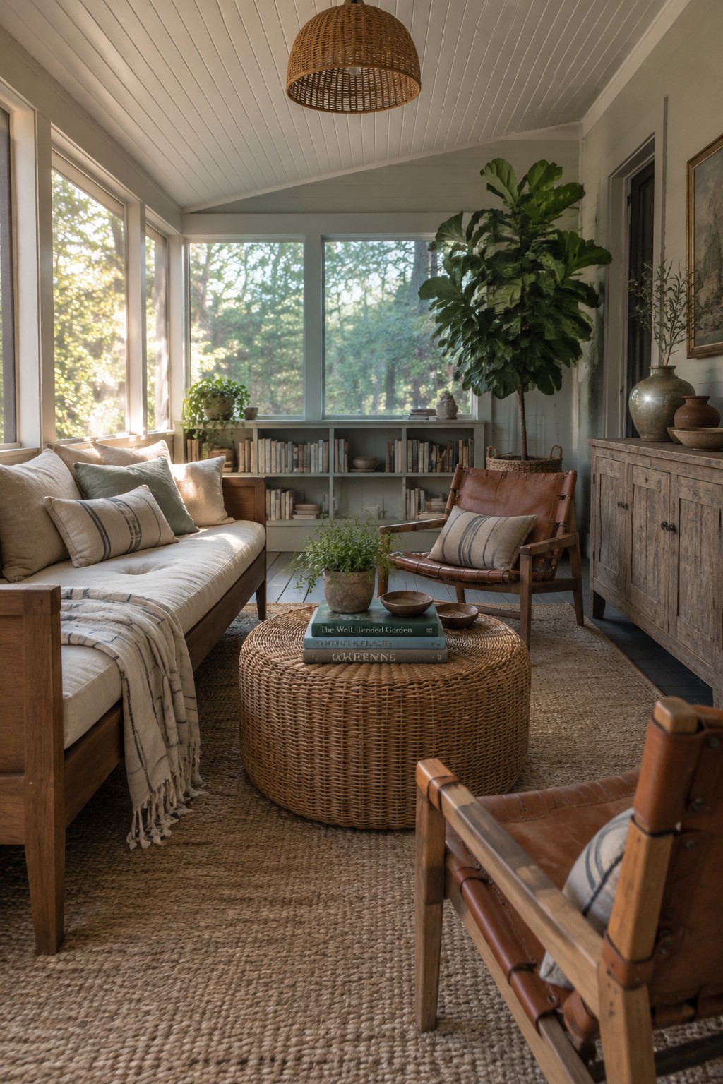 Cozy sunroom with daybed, leather chairs, woven ottoman, books, and fiddle-leaf fig tree