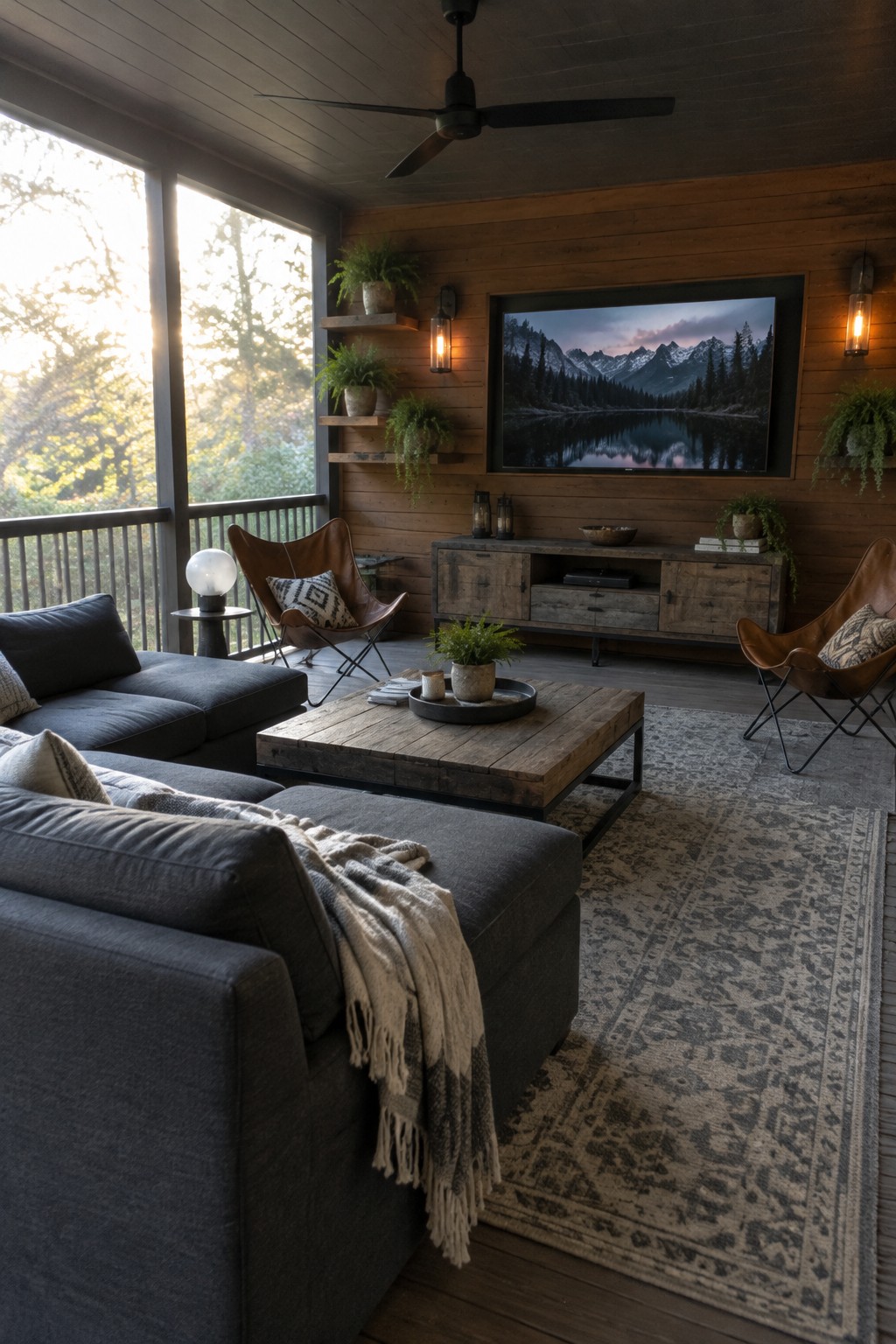 Cozy rustic living room with gray sectional, leather chairs, wooden table, and TV