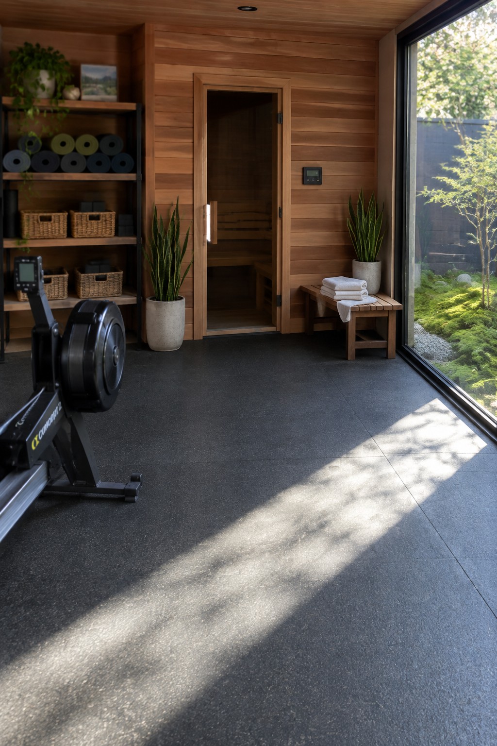 Interior view of a home wellness room with wood-paneled walls, an open wooden sauna, a rowing machine, shelving holding rolled yoga mats, potted plants, and a large glass door to a garden.