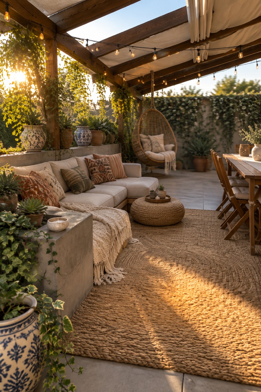 Cozy covered patio with sectional sofa, hanging chair, string lights, and potted plants at sunset