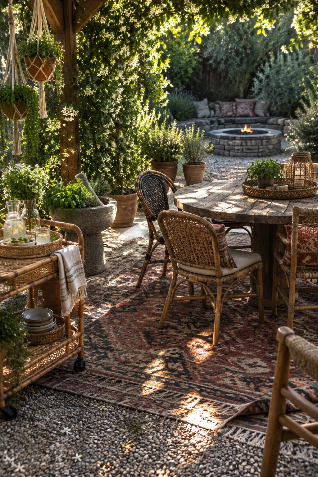 Cozy outdoor patio with round wooden table, rattan chairs, and vibrant patterned rug