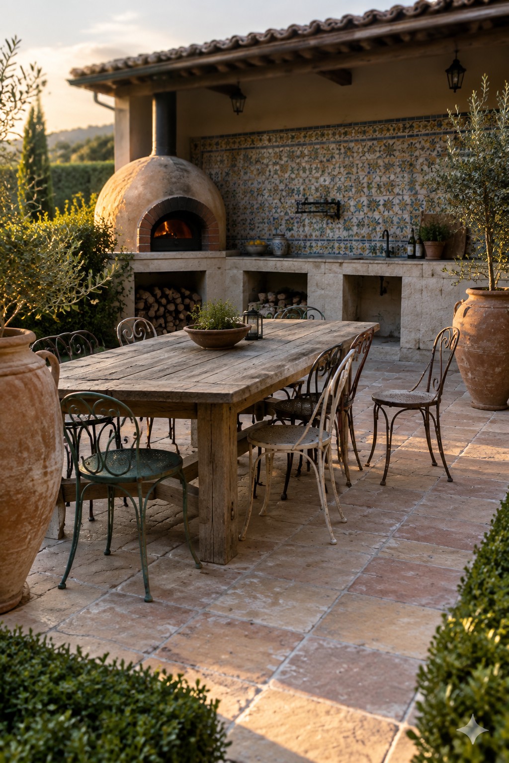 An outdoor patio with a large wooden dining table, mixed metal chairs, a stone pizza oven, and a tiled counter area with sink and storage niches.
