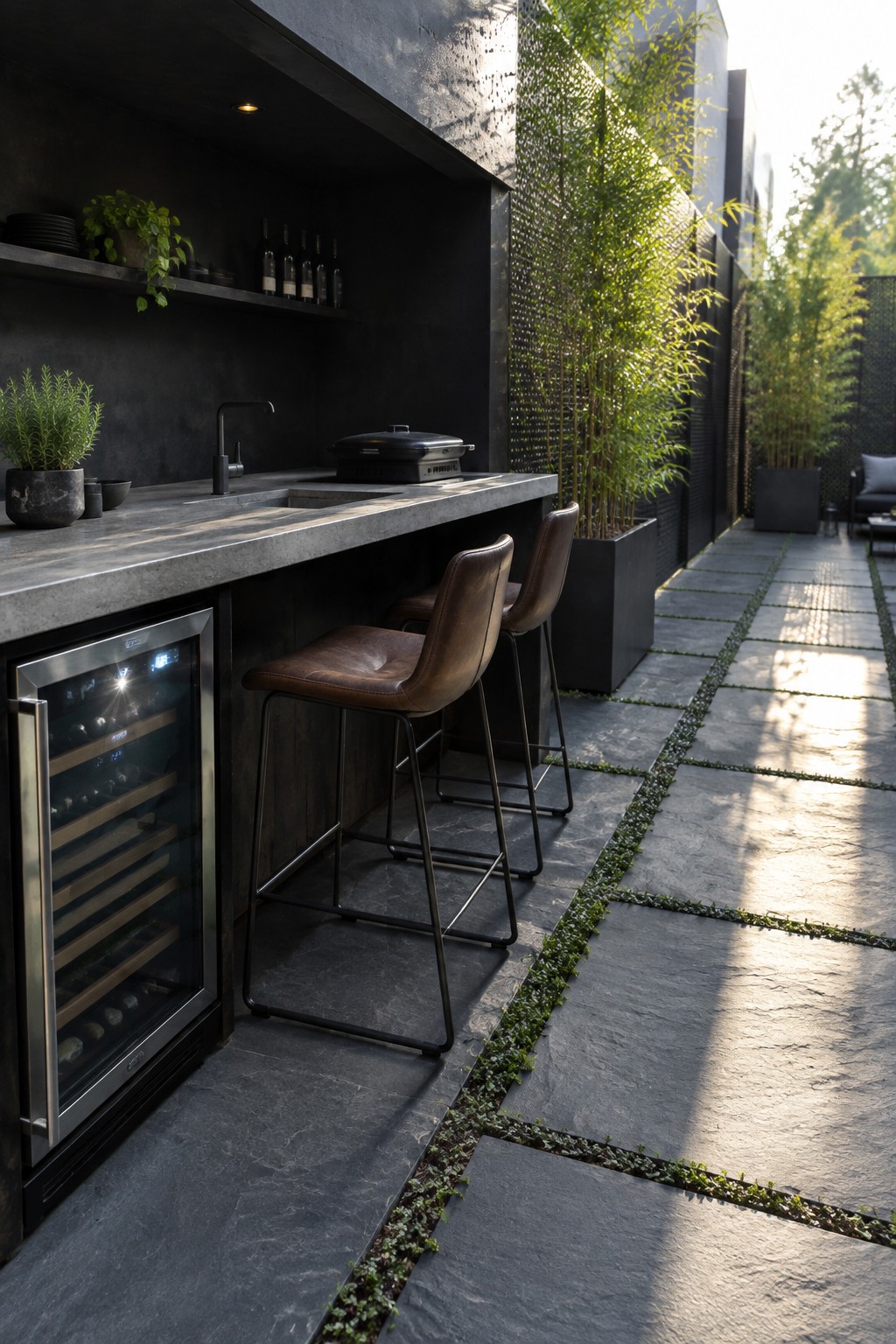 Modern outdoor bar with leather stools, wine fridge, and stone patio pathway