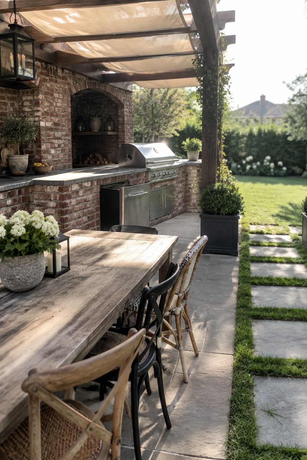 A brick outdoor kitchen with stainless steel grill, cabinets, and countertops sits under a wooden pergola with shade fabric, next to a rustic wooden dining table and mixed chairs on a stone patio.