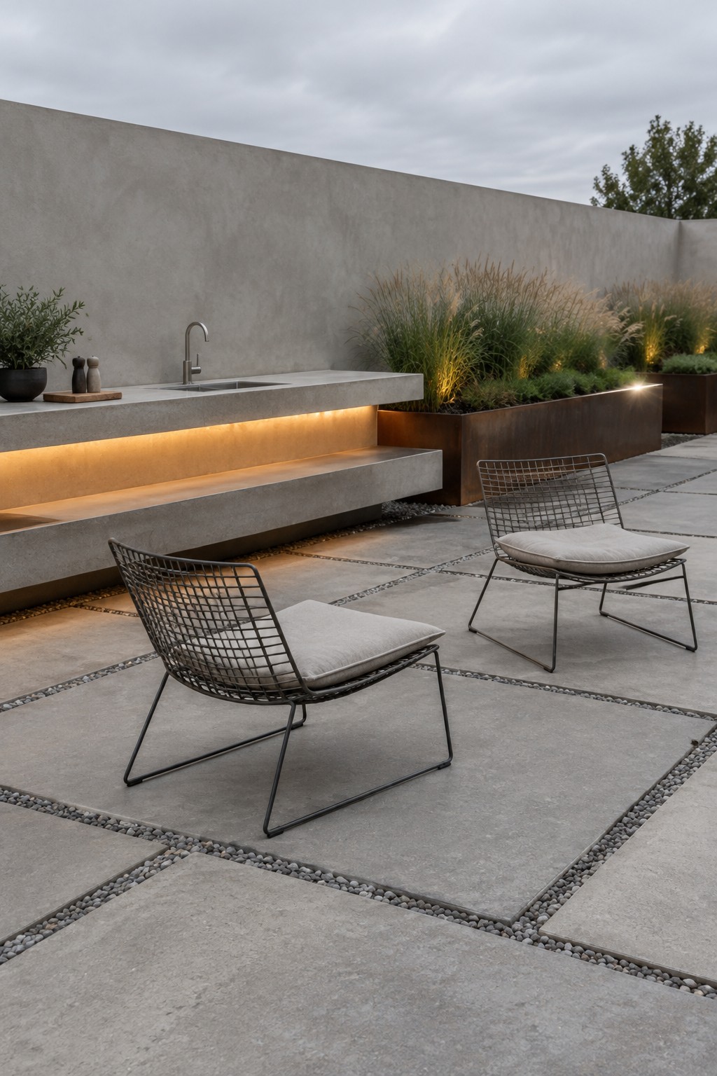 An outdoor patio with a built-in concrete serving counter that includes a sink and under lighting, two wireframe chairs with cushions, and raised metal planters with tall grasses.