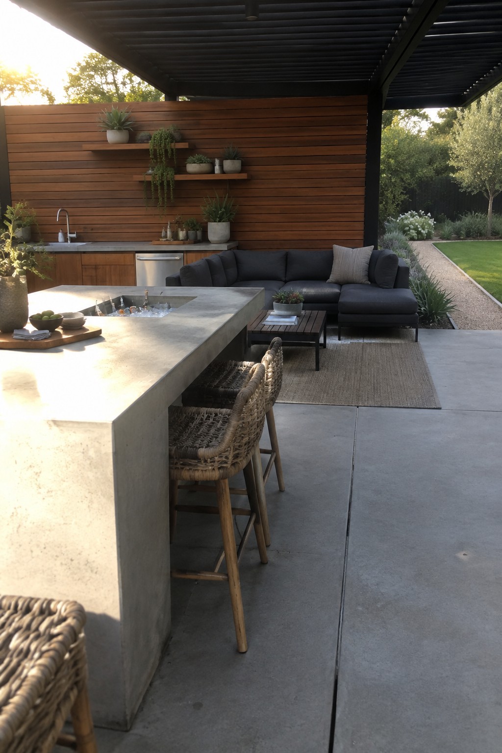 An outdoor patio with a long concrete kitchen counter and sink, wooden bar stools, a dark sectional sofa, and a wooden wall with floating shelves.