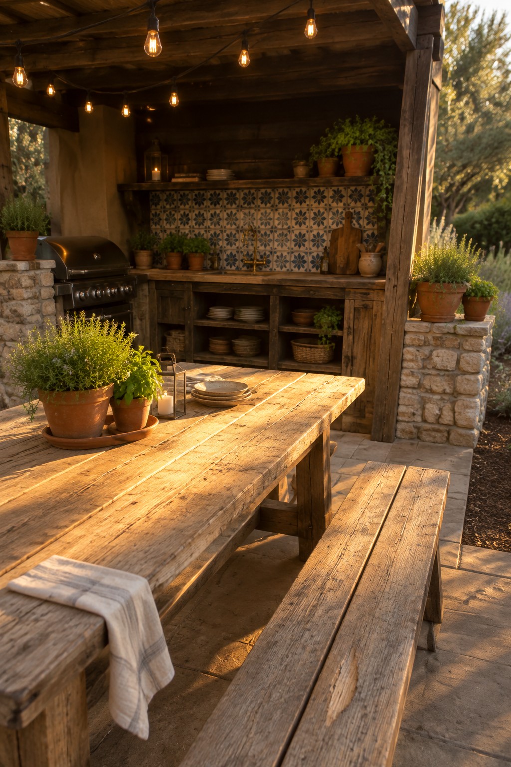 Rustic wooden table and benches in sunlit outdoor kitchen with potted herbs and lights.