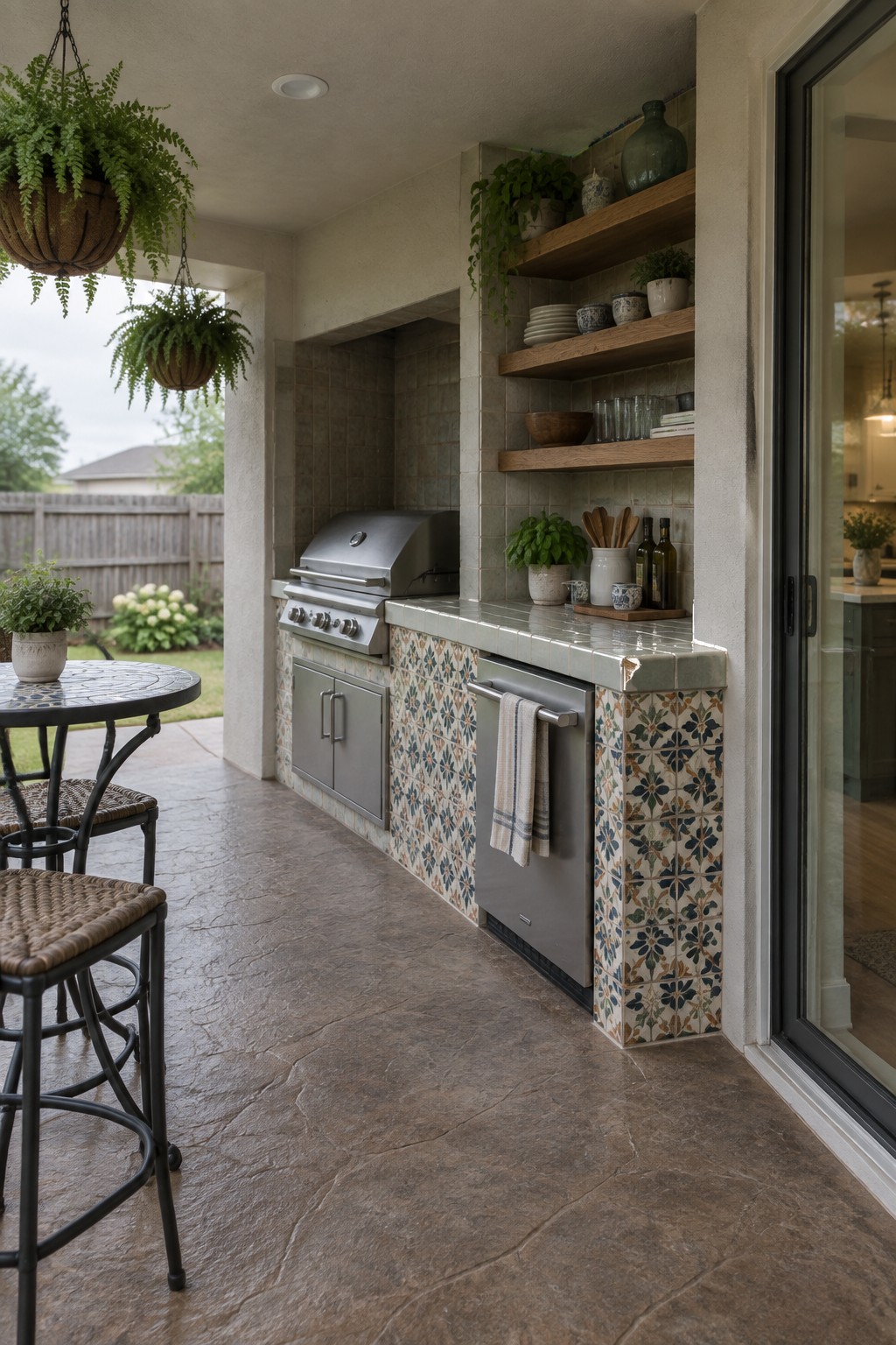 An outdoor patio kitchen with a stainless steel grill, patterned tile counter and backsplash, wooden open shelves, and a stainless steel appliance below the counter next to a round table with stools.