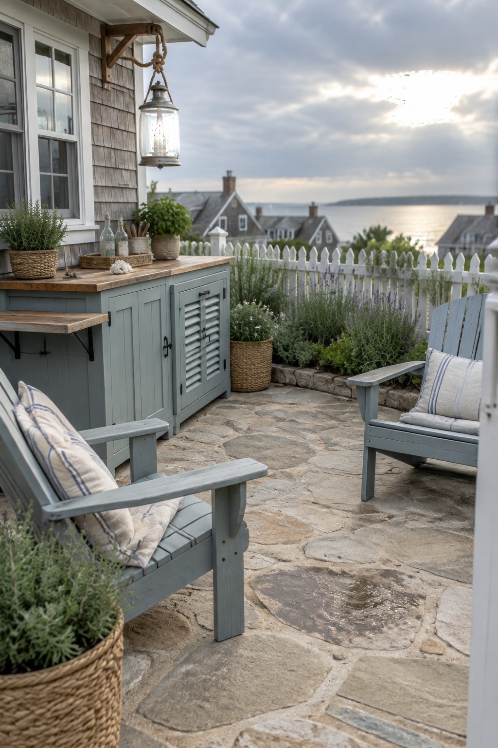 A stone patio with two gray Adirondack chairs, a gray cabinet with a wooden countertop and fold-down shelf, potted plants, and a white fence with ocean view in the background.