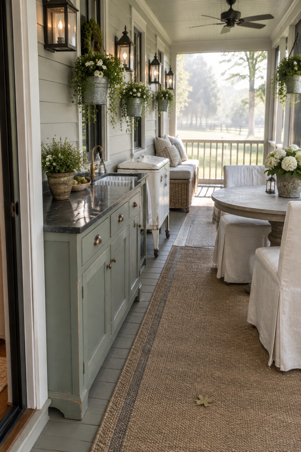 A covered porch with a green cabinet serving station that includes a sink, brass faucet, and storage drawers, positioned beside a round wooden dining table with white chairs.