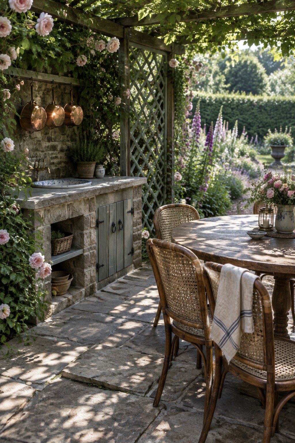 An outdoor stone serving station with a sink, hanging copper pots, and cabinet doors sits on a patio beside a wooden table with wicker chairs, surrounded by climbing roses and garden flowers.
