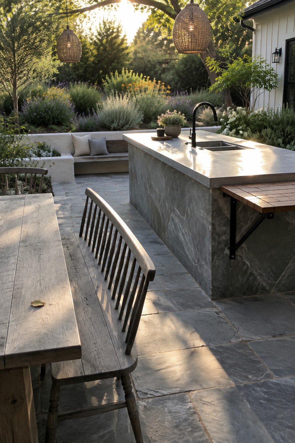 A stone outdoor kitchen island with a black faucet and sink stands on a stone patio beside a wooden dining table and spindle back chairs, with hanging woven pendant lights and built in garden seating visible in the background.