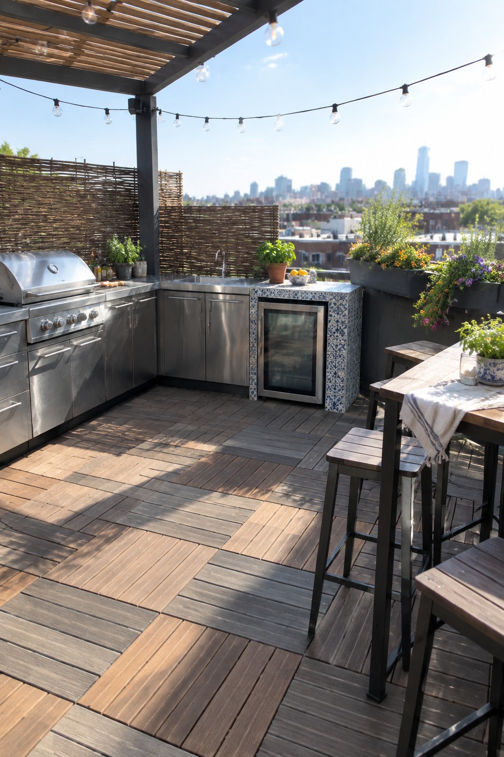 A rooftop patio with a stainless steel outdoor kitchen including a grill, sink, and mini fridge, wooden deck tiles, bar stools, and string lights overlooking a city skyline.