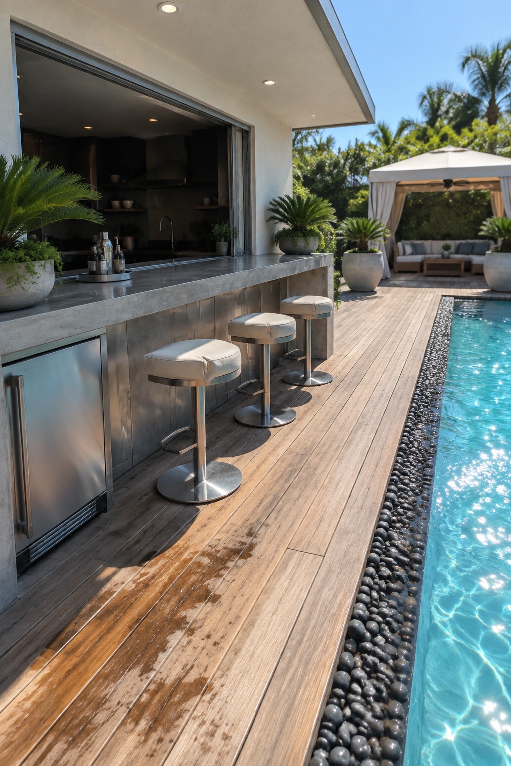 An outdoor bar with a concrete countertop, stainless steel cabinet, and three upholstered stools on a wooden deck next to a swimming pool.