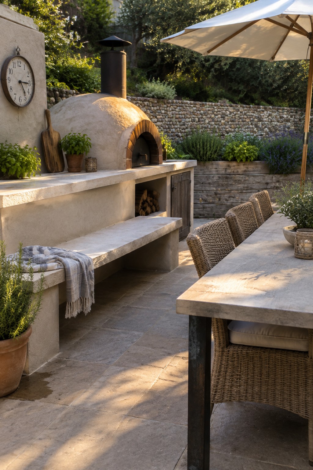 A stone pizza oven with a long concrete counter and bench on a tiled patio, next to a dining table with woven chairs.