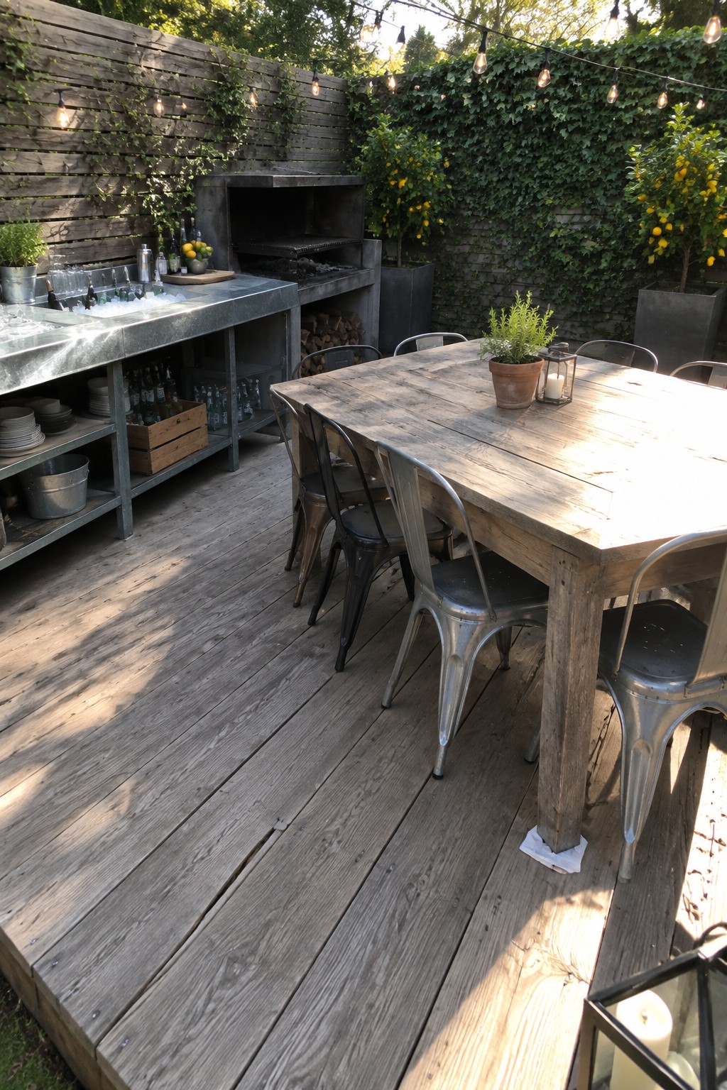 An outdoor wooden dining table with metal chairs next to a long metal serving counter with sink, ice, bottles, and open shelves on a wooden deck.