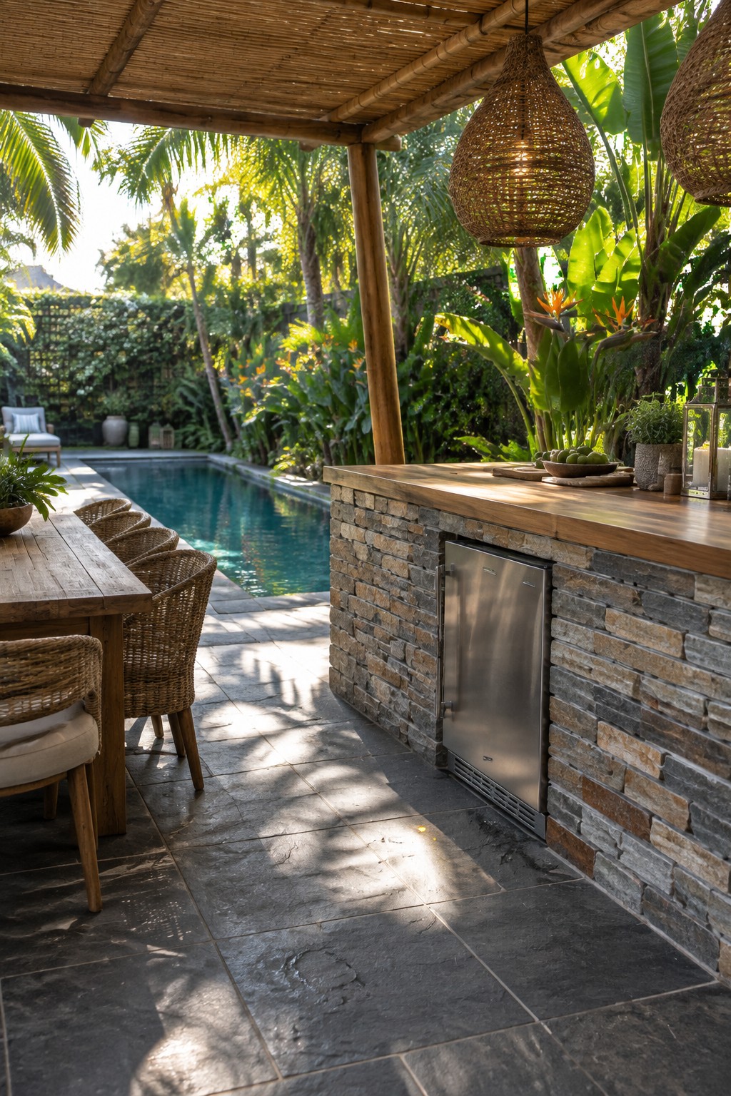 Outdoor patio showing a stone and wood serving counter with built-in stainless steel refrigerator beside a swimming pool, with a dining table and woven chairs in the foreground.