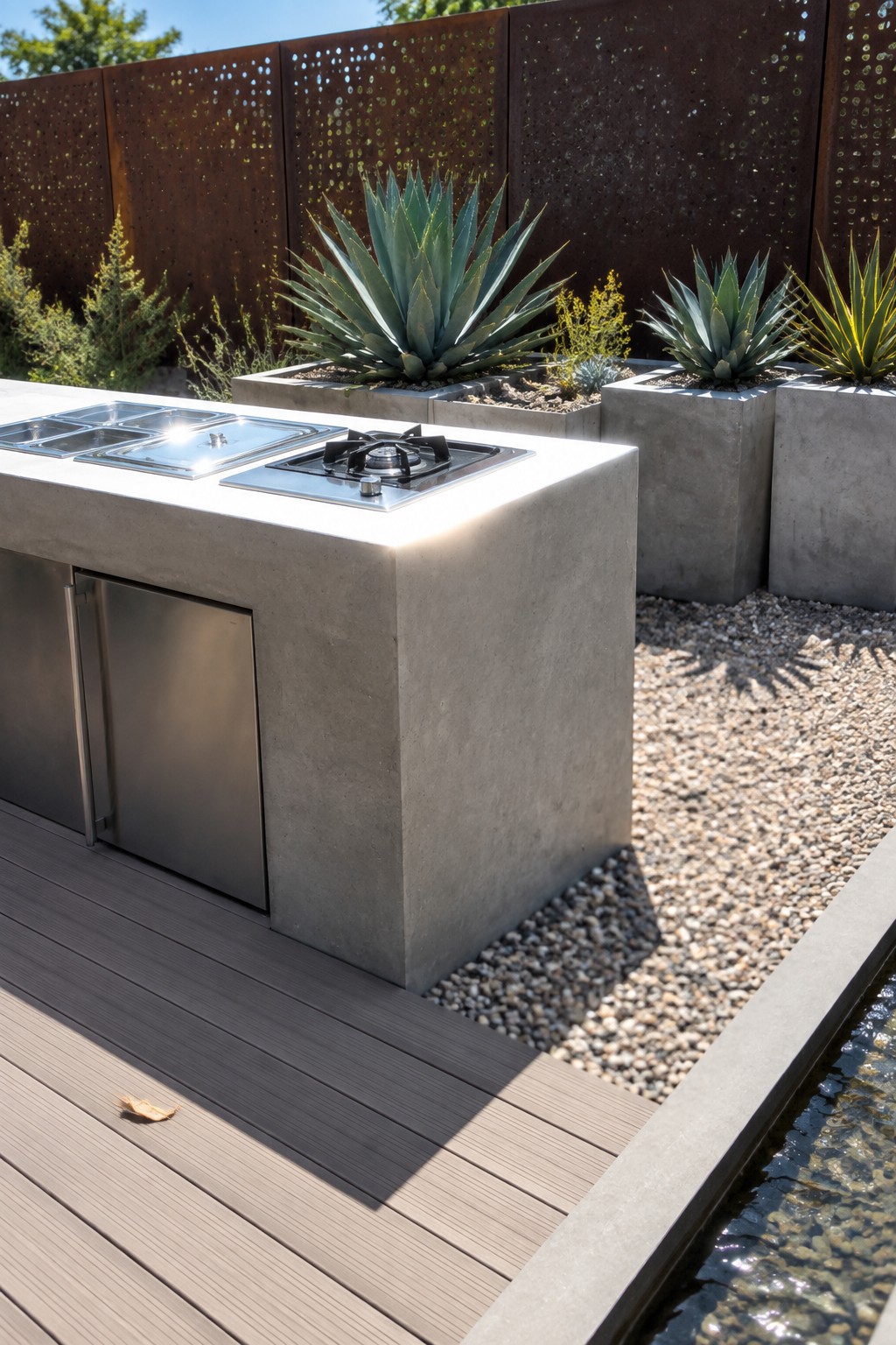Concrete outdoor kitchen island with gas stovetop, steel cabinet, and agave planters