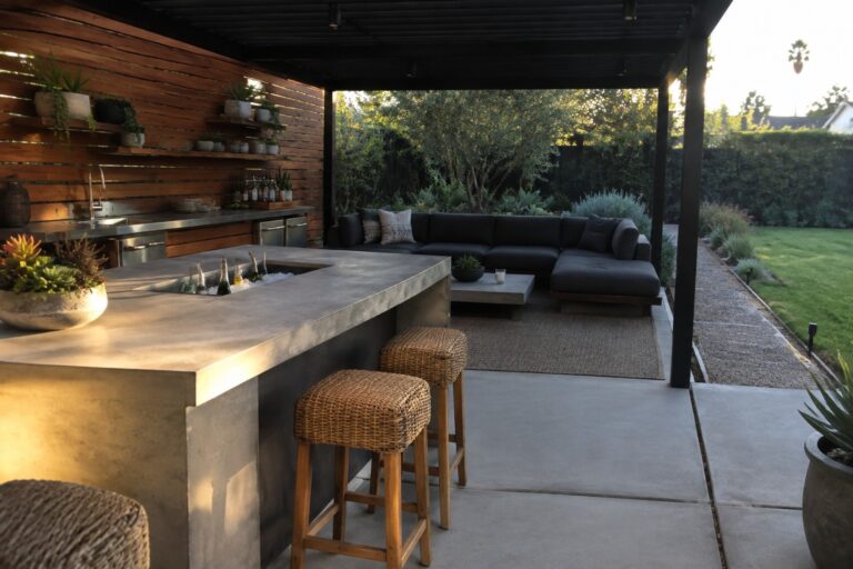 23 Practical Outdoor Entertaining Patio Ideas With Dedicated Serving Stations An outdoor patio with a long concrete kitchen counter and sink, wooden bar stools, a dark sectional sofa, and a wooden wall with floating shelves.