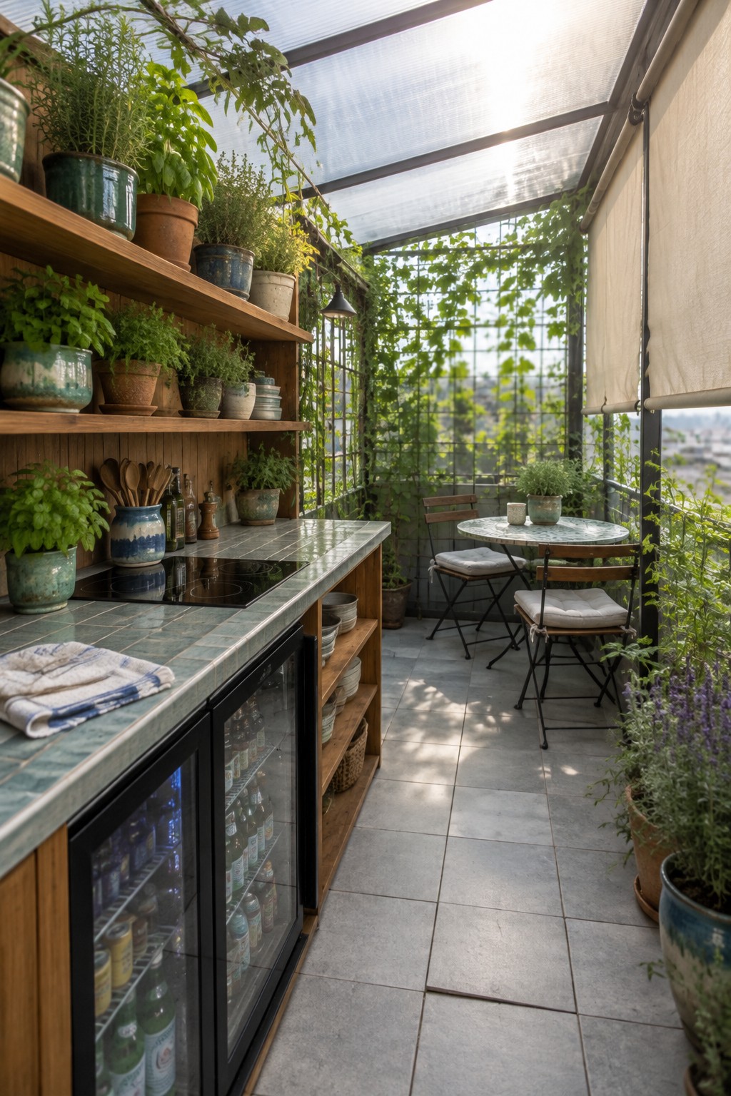 Lush balcony kitchen with wooden shelves, potted herbs, tiled counter, and bistro table.