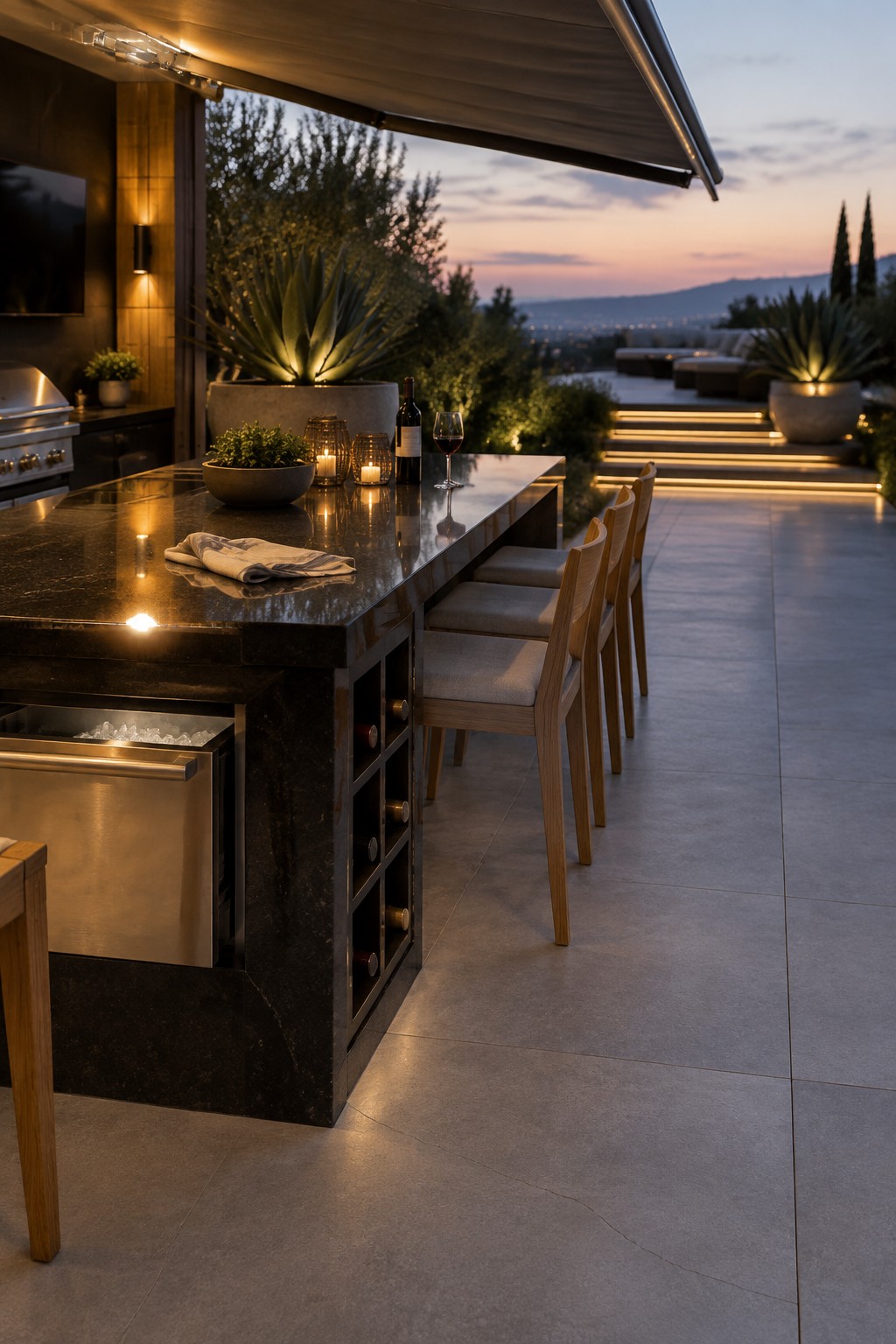 An outdoor kitchen island with a dark stone countertop, wooden bar stools, built-in wine storage, and a stainless steel ice drawer on a paved patio at dusk.