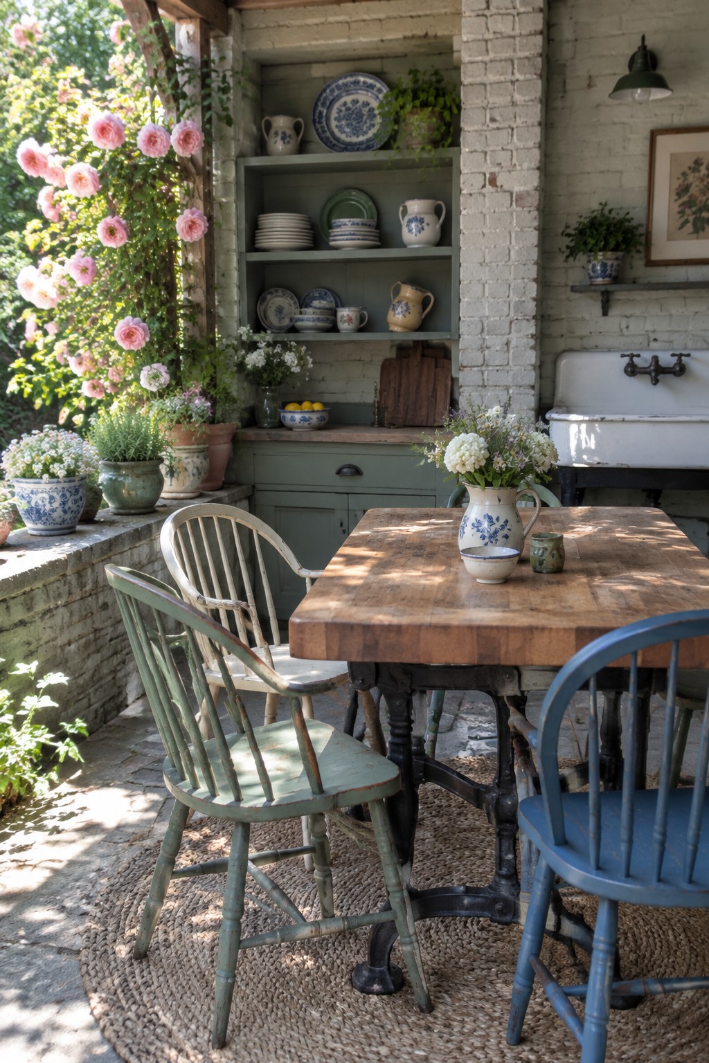 An outdoor patio features a wooden dining table with mismatched chairs, open green shelves filled with blue and white dishes, a white farmhouse sink, and potted flowers along a brick wall.
