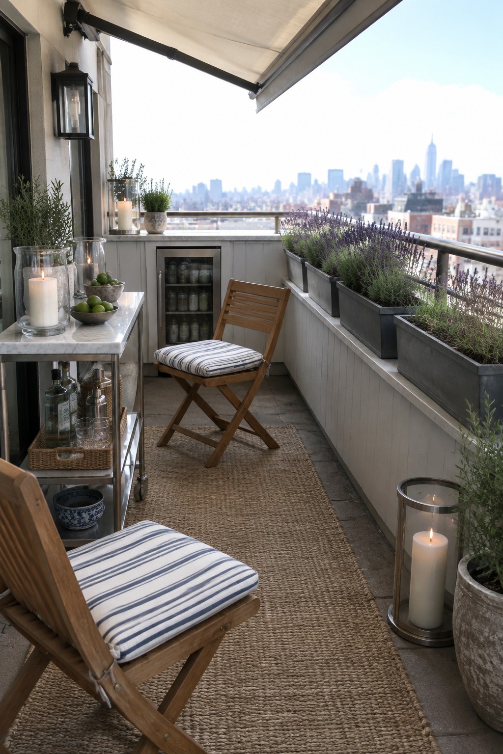 A furnished balcony with wooden folding chairs on a woven rug, a marble-topped rolling cart holding bottles and glasses, and metal planters with lavender along the railing overlooking a city skyline.