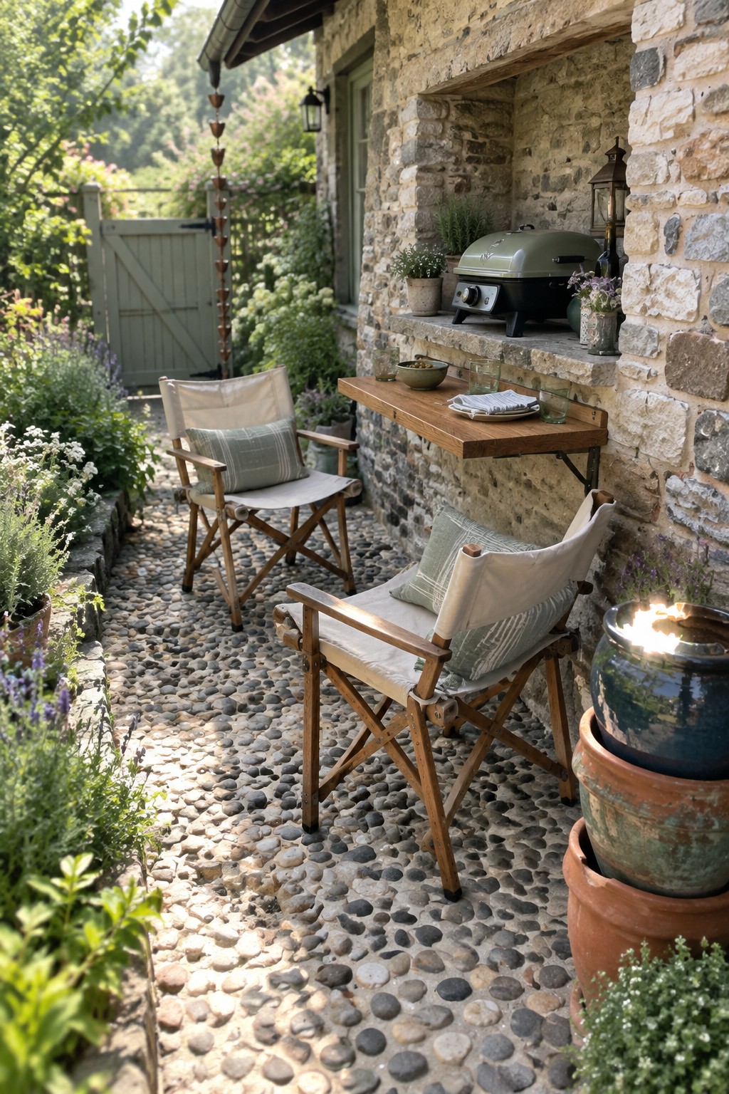 Stone patio with two wooden folding chairs, a fold-down wooden serving table against the wall holding plates and glasses, a green grill on a ledge above, and stacked ceramic pots nearby.