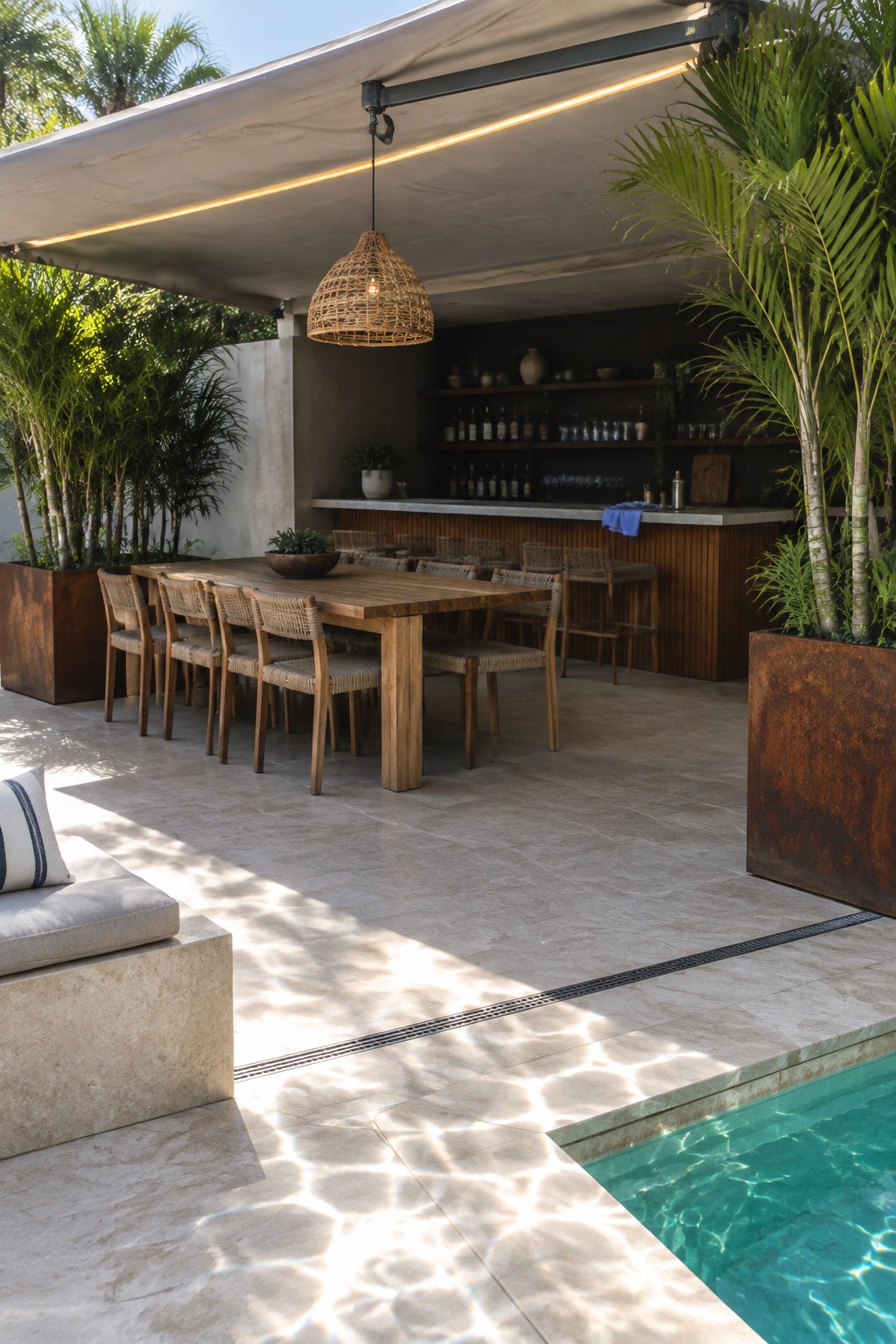 Outdoor patio with long wooden dining table, bar, pool, and palm trees