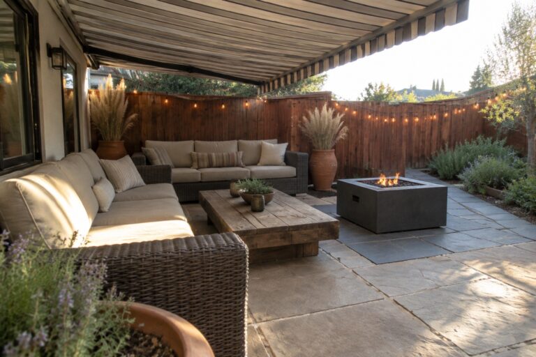 A stone patio with a large striped retractable awning extended over two wicker sofas and a wooden coffee table, with a square fire pit visible in the background.
