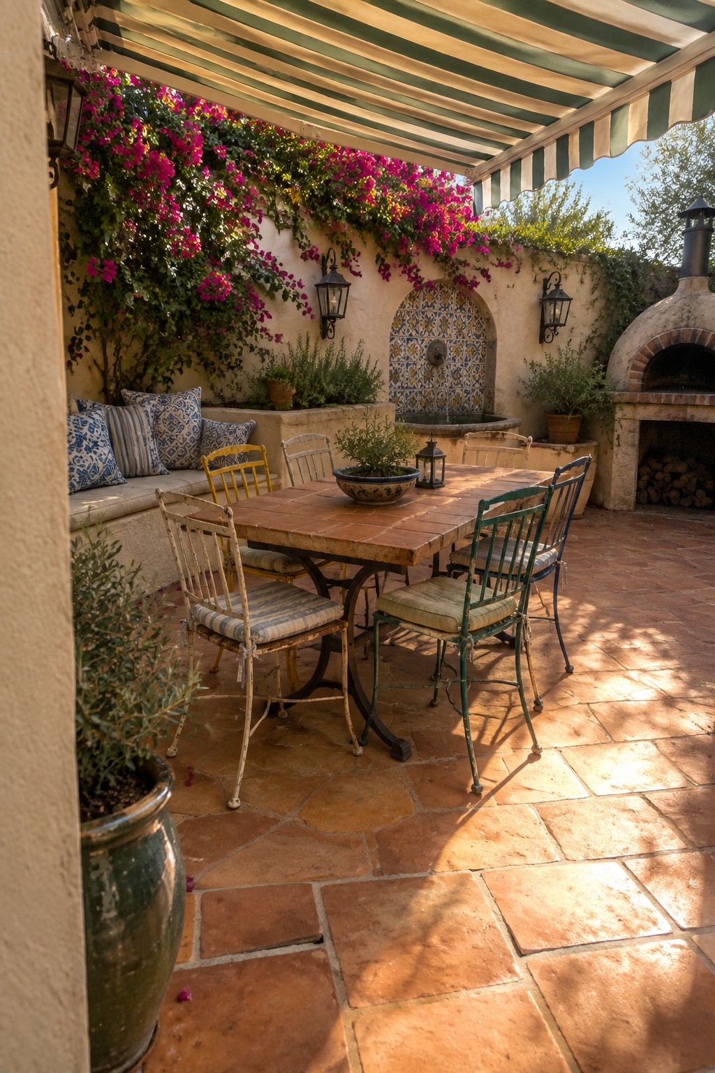 A brick patio dining area covered by a green and white striped retractable awning, with a wooden table, mixed chairs, built-in bench seating, and climbing flowers on the wall.