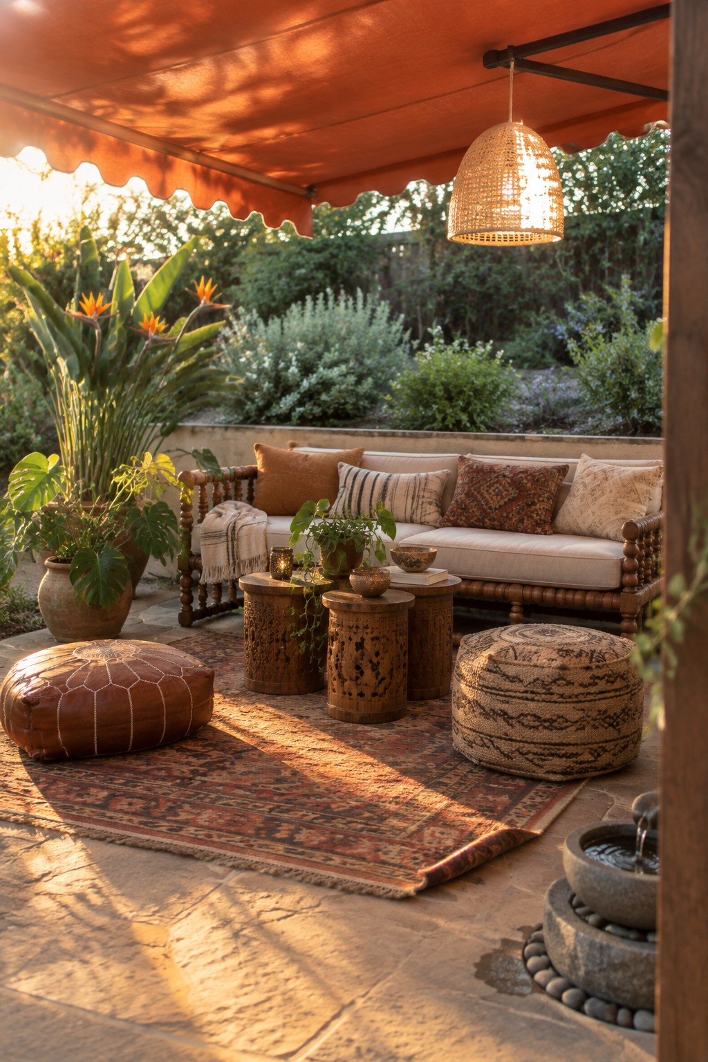 Cozy patio with wooden sofa, poufs on rug, plants, and hanging wicker lamp under red awning
