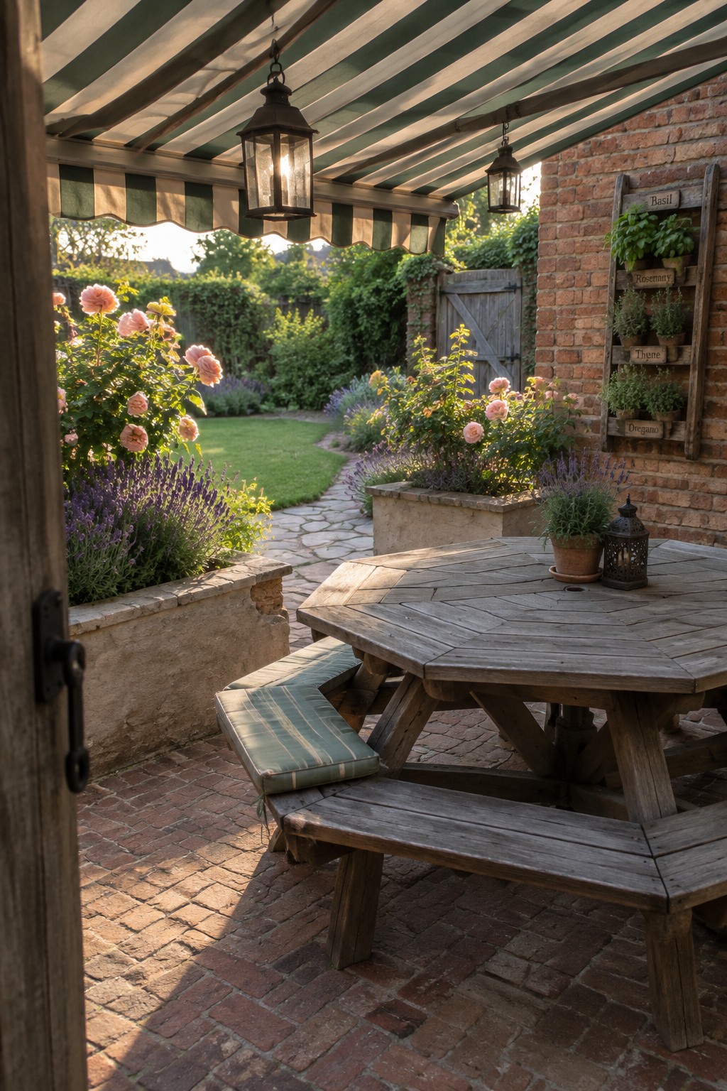 Wooden picnic table on brick patio under striped awning beside herb planters and roses