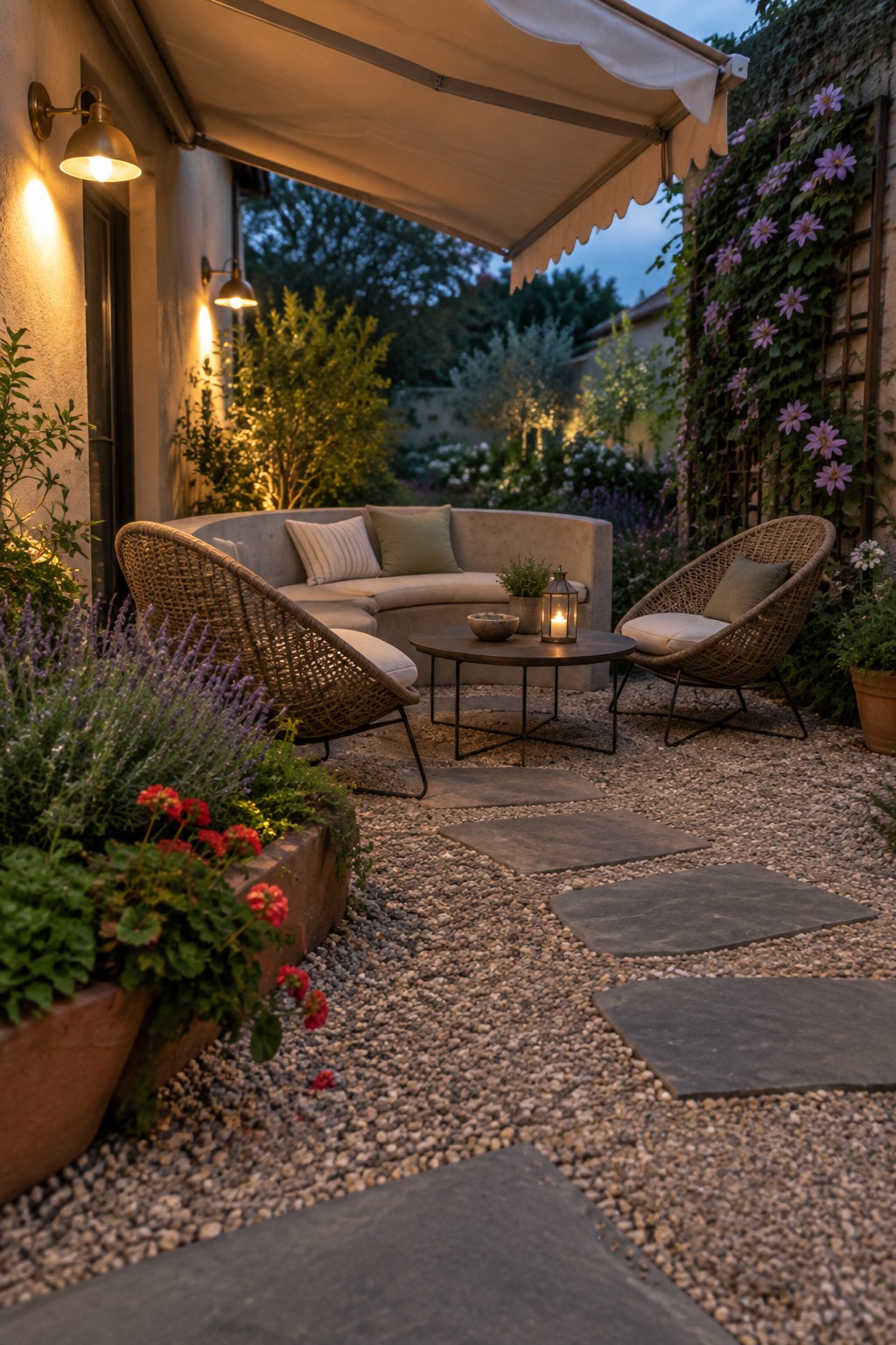 A gravel patio with a large retractable awning extended over a curved outdoor sofa and two wicker chairs arranged around a low table.