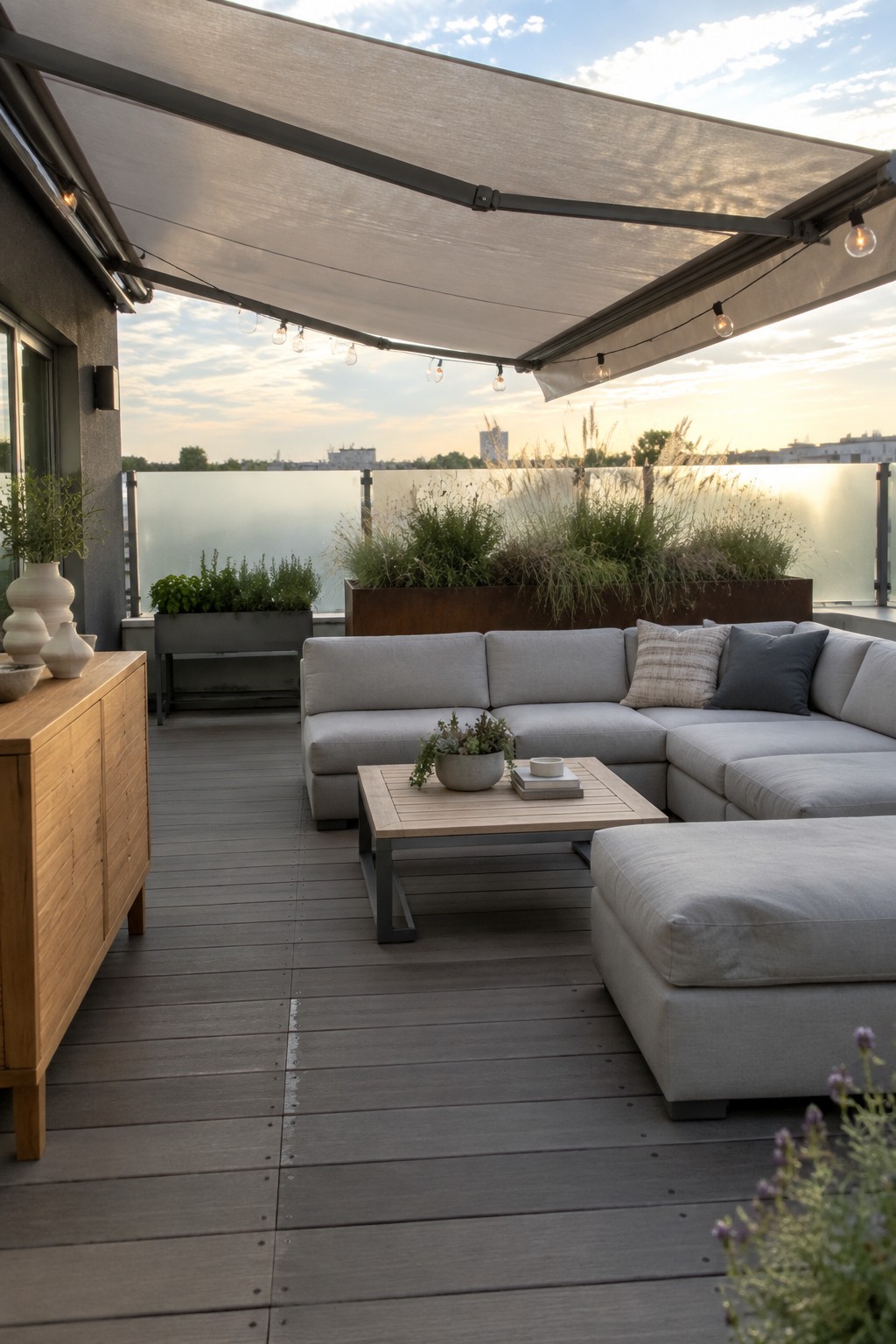 A rooftop patio with a large extended retractable awning over a light gray sectional sofa and coffee table on dark wood decking, with planters and string lights visible.