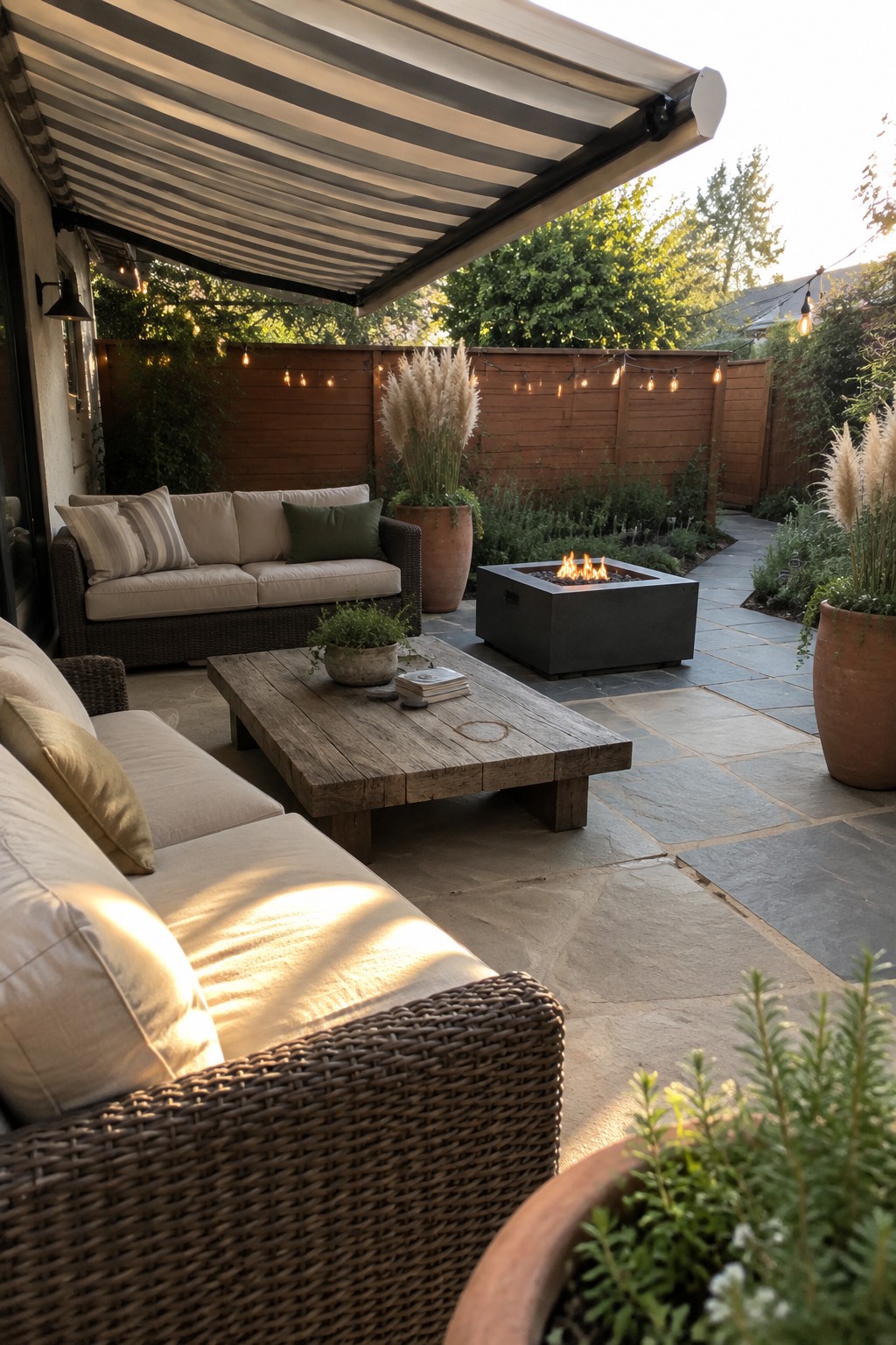 A stone patio with a large striped retractable awning extended over two wicker sofas and a wooden coffee table, with a square fire pit visible in the background.