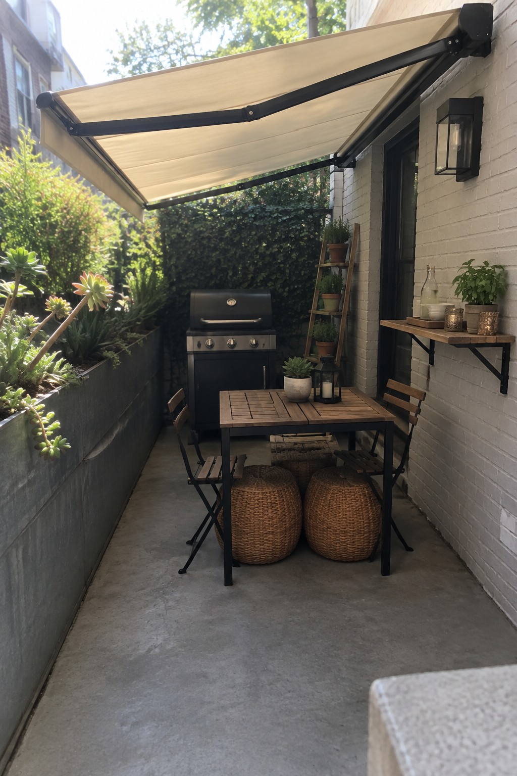 Outdoor patio with beige awning, wooden table, woven stools, grill, and plants.