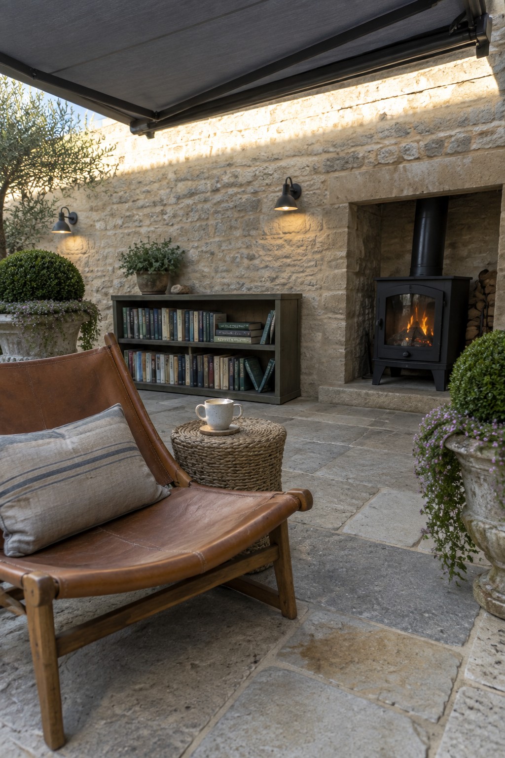 A stone patio with a brown leather lounge chair, woven stool holding a cup, low bookshelf, black wood stove in a built-in fireplace, potted plants, and a dark gray retractable awning extended overhead.