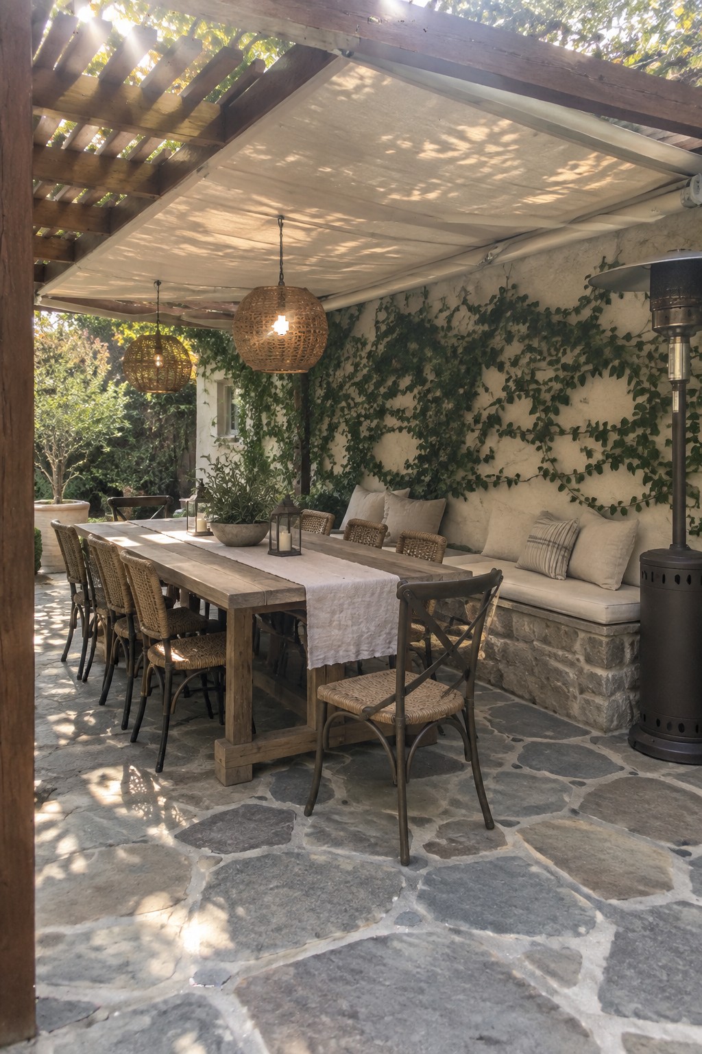 A stone patio with a long wooden dining table under a white retractable awning attached to a wooden pergola, with woven chairs and a built-in bench along an ivy-covered wall.